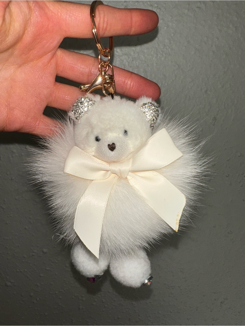 Plush White Bear Pom Pom Keychain with Bow
